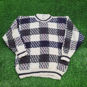 Vintage 80s Otavalo Check Sweater Large 22x27 Beige Gray